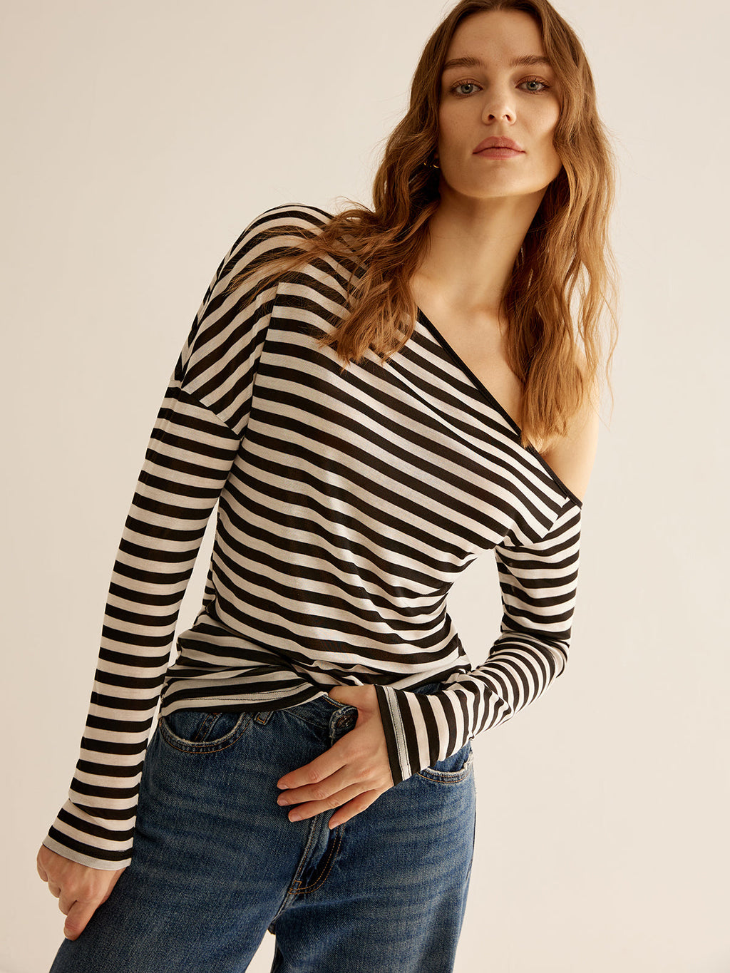 Asymmetric Collar Striped Long Sleeve Top — Svelte Chic
