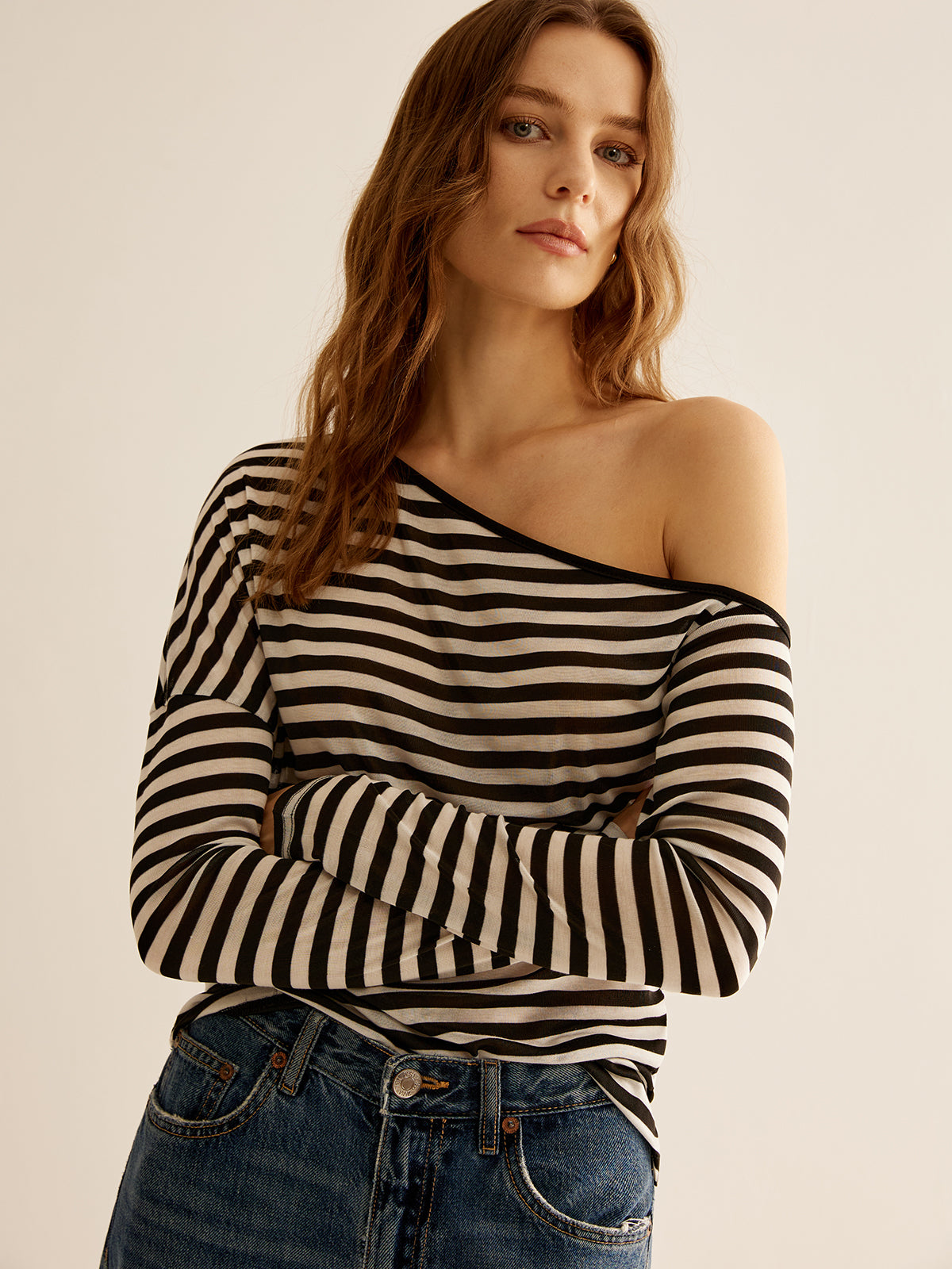 Asymmetric Collar Striped Long Sleeve Top — Svelte Chic