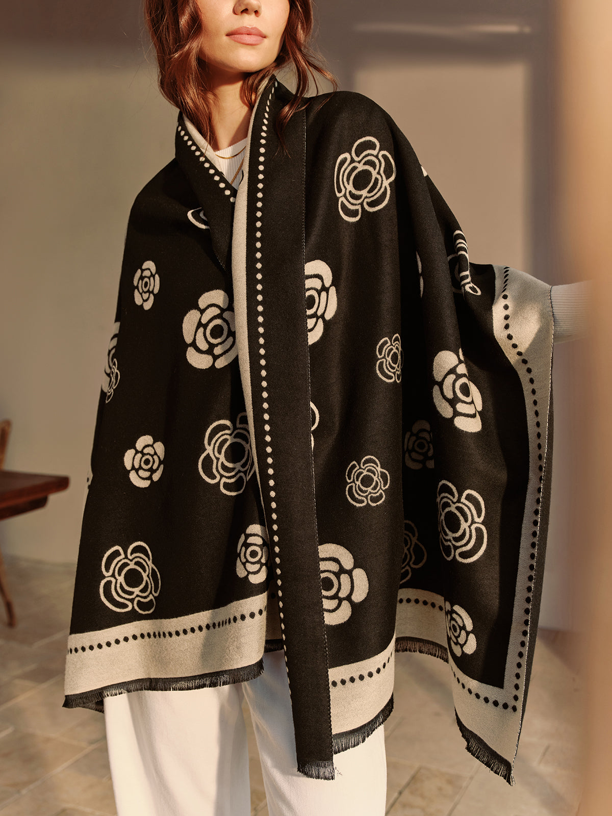 Reversible Camellia Tassel Scarf in Black — Svelte Chic