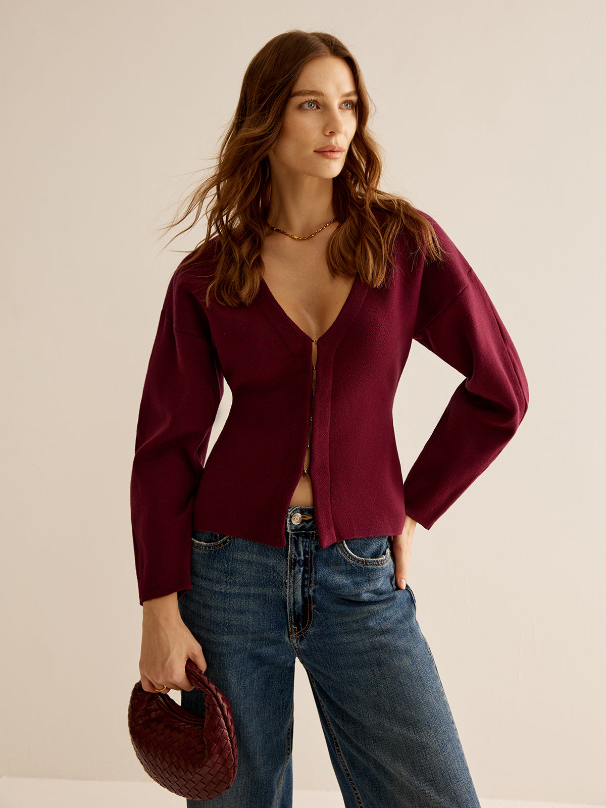 V-Neck Slim Fitted Cardigan in Burgundy — Svelte Chic