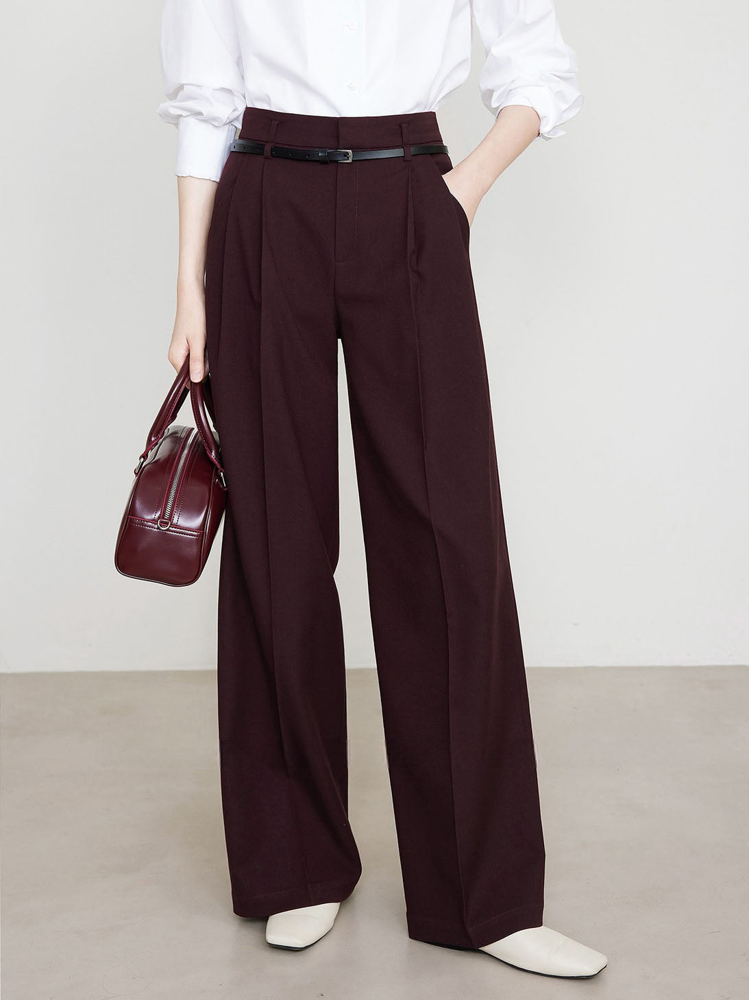 High Waist Pleated Trousers in Burgundy — Svelte Chic