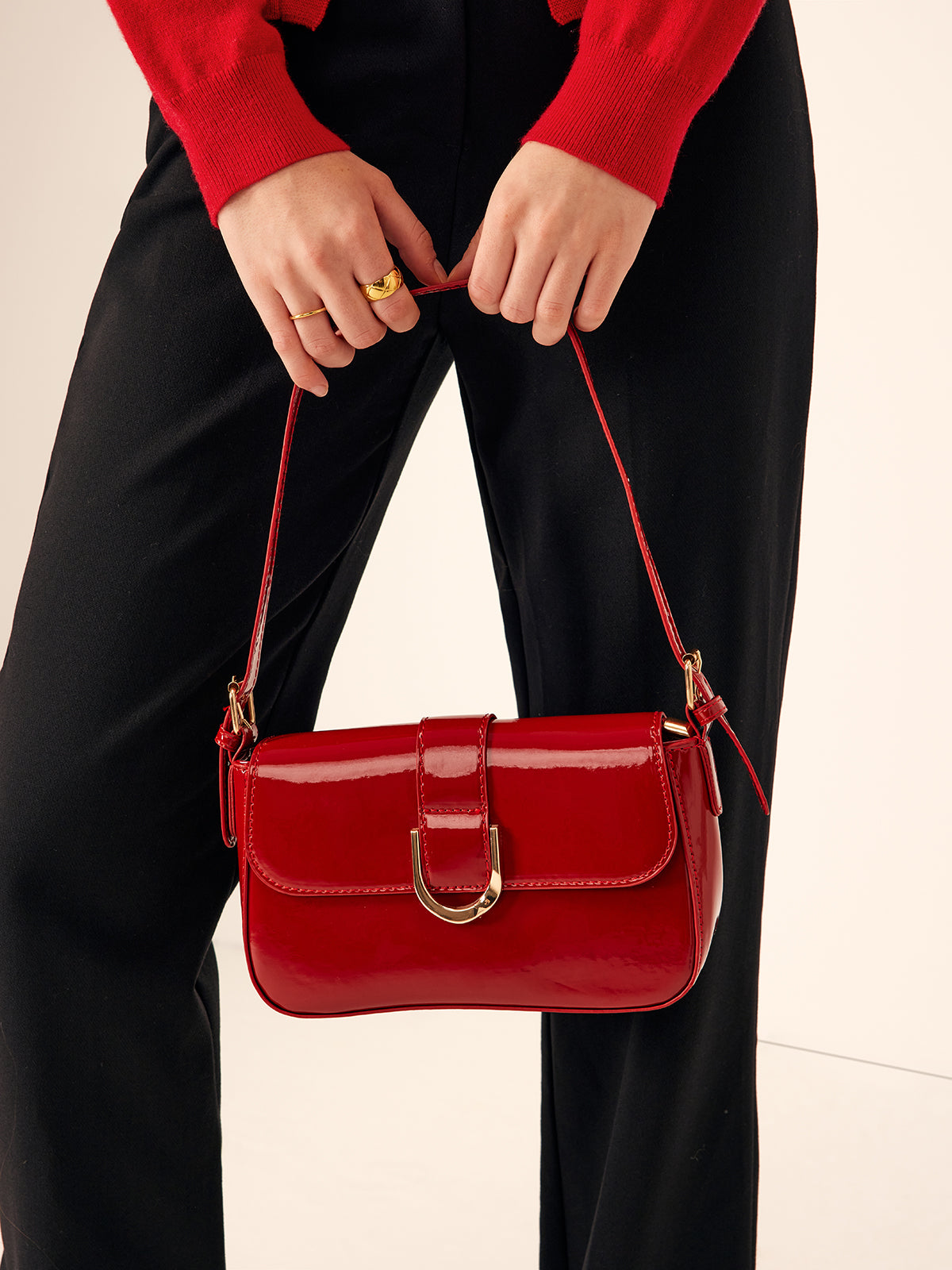 Glossy Buckle Flap Shoulder Bag in Red — Svelte Chic