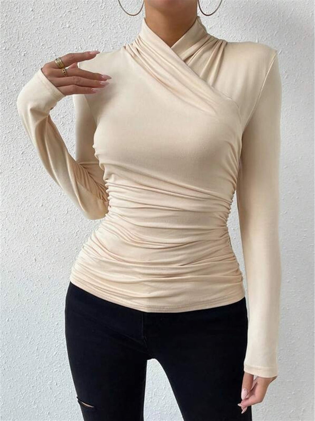 Crossover Collar Pleated Tie Top — Svelte Chic