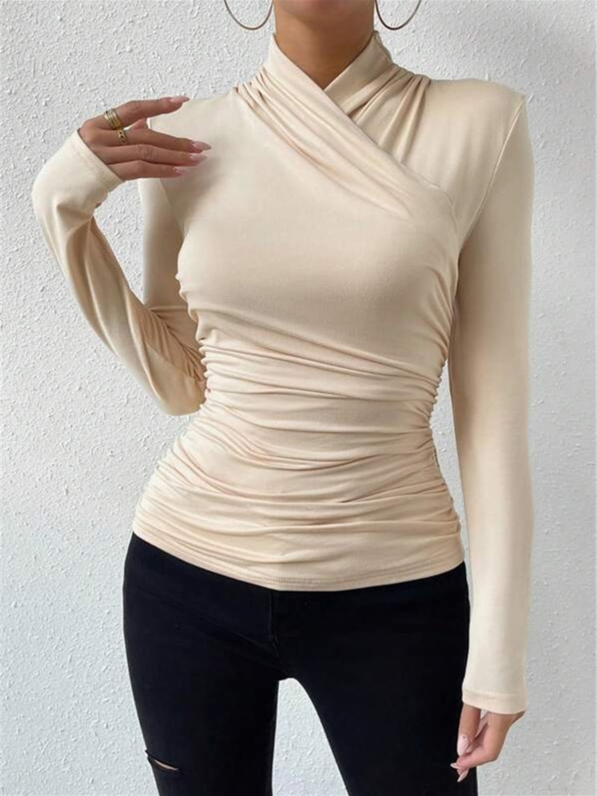 Crossover Collar Pleated Tie Top — Svelte Chic