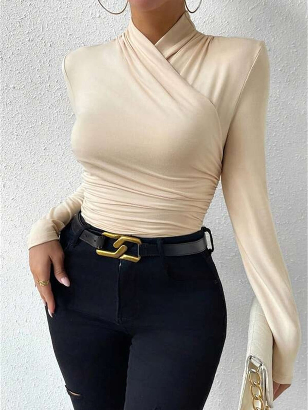 Crossover Collar Pleated Tie Top — Svelte Chic