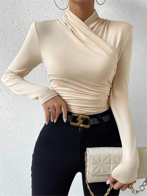 Crossover Collar Pleated Tie Top in Apricot — Svelte Chic