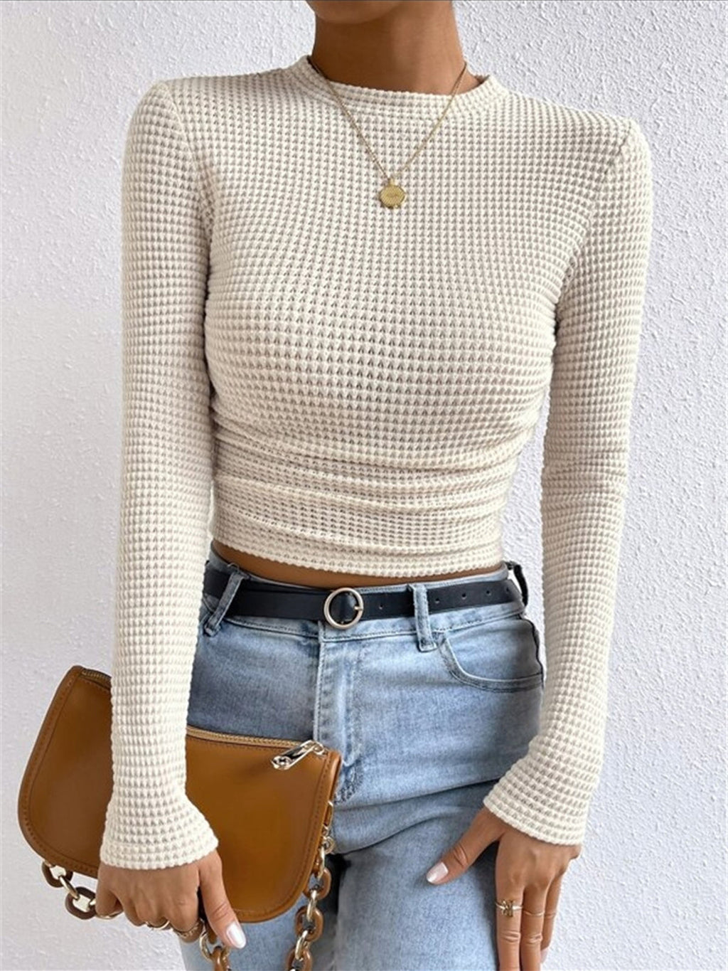Plain Waffle Slim Sweater in Apricot — Svelte Chic