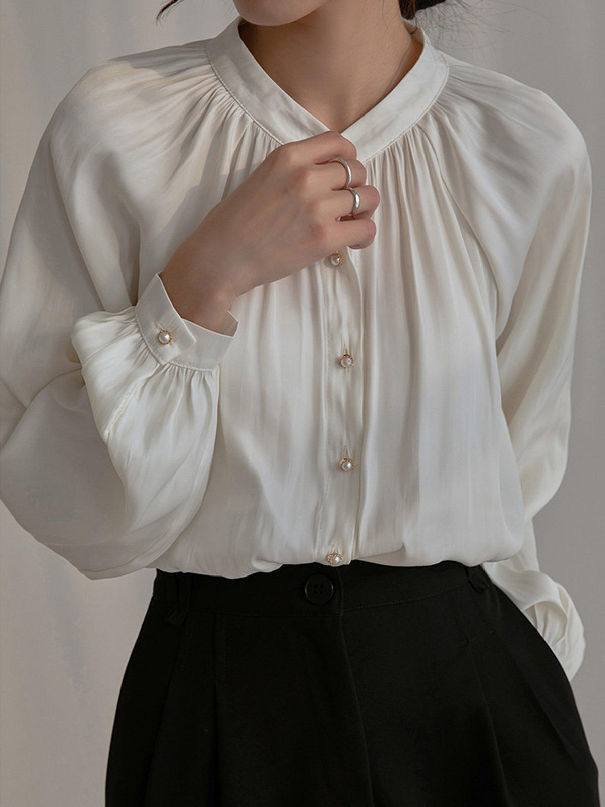 Pleated Collar Pearl Button Shirt — Svelte Chic
