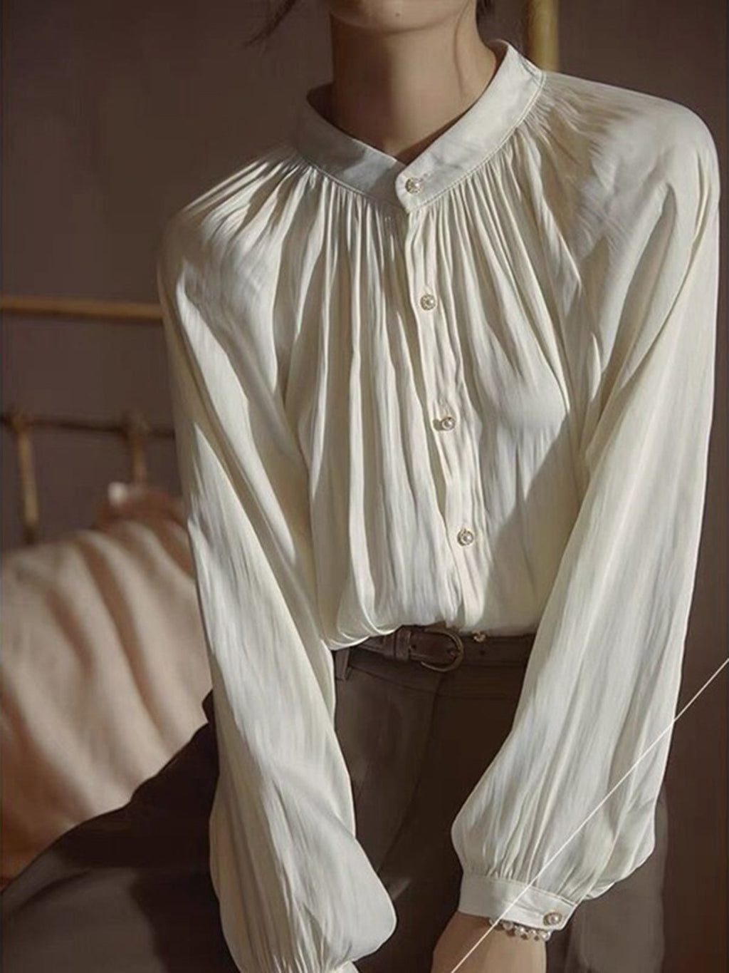 Pleated Collar Pearl Button Shirt — Svelte Chic