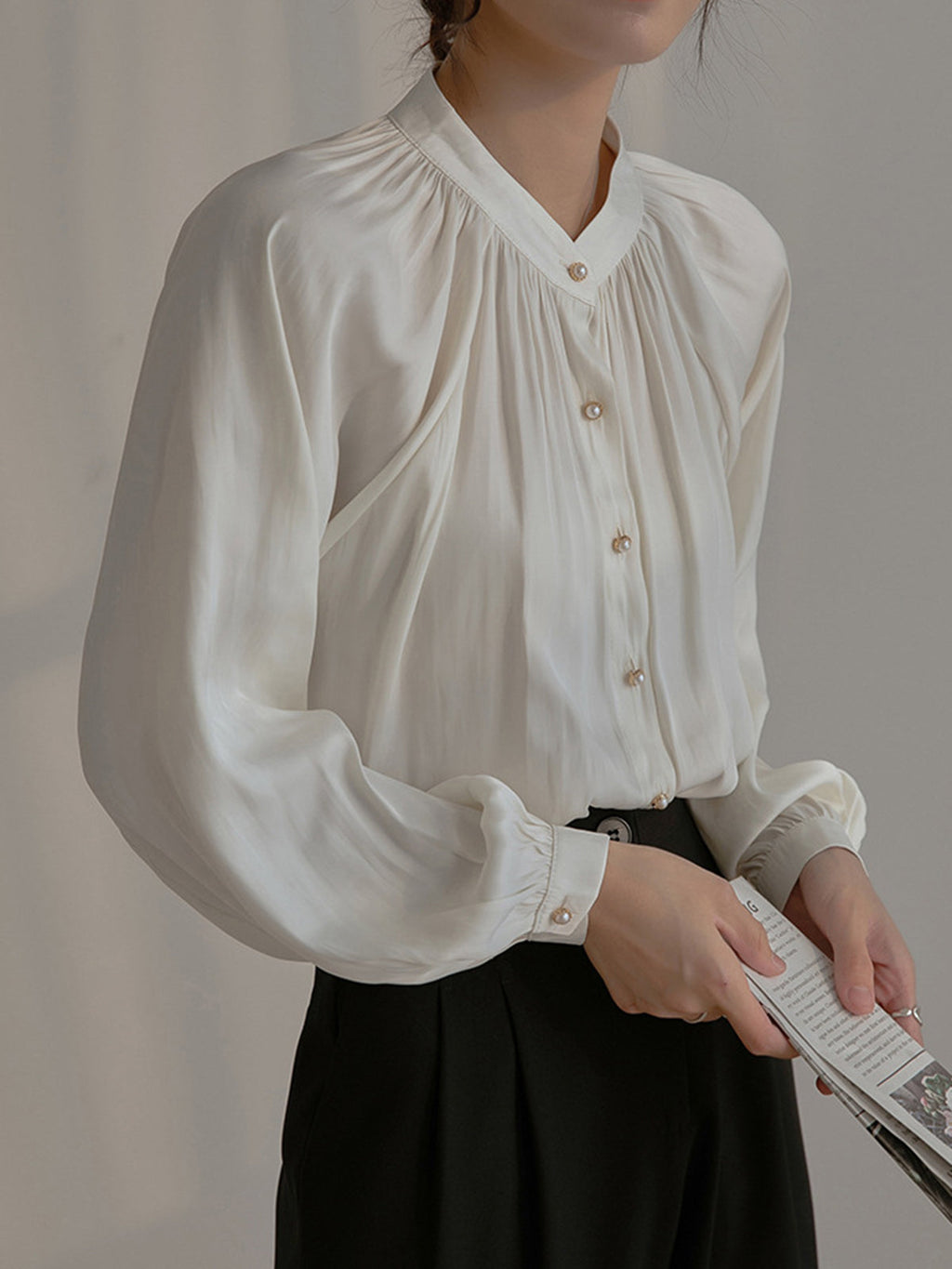 Pleated Collar Pearl Button Shirt — Svelte Chic