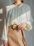 Pleated Collar Pearl Button Shirt in Apricot — Svelte Chic