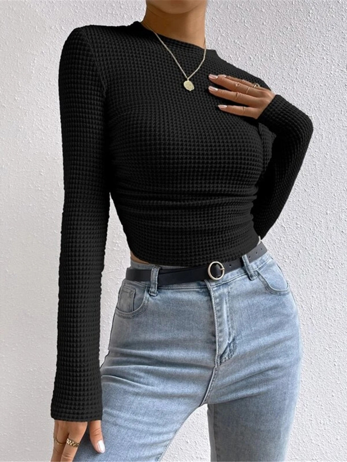 Plain Waffle Slim Sweater in Black — Svelte Chic