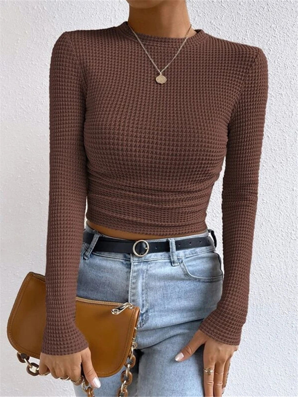 Plain Waffle Slim Sweater in Light Brown — Svelte Chic