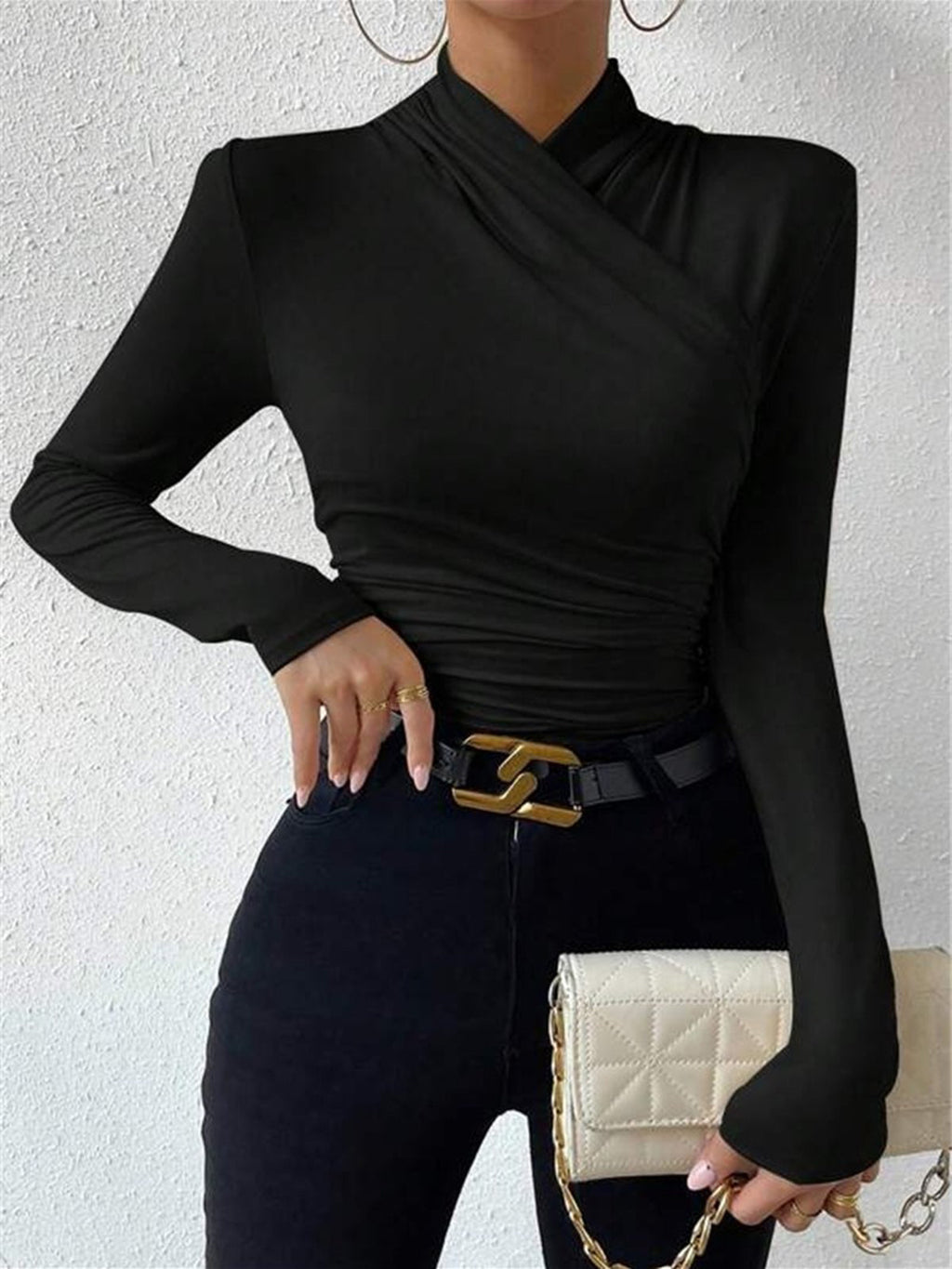 Crossover Collar Pleated Tie Top — Svelte Chic