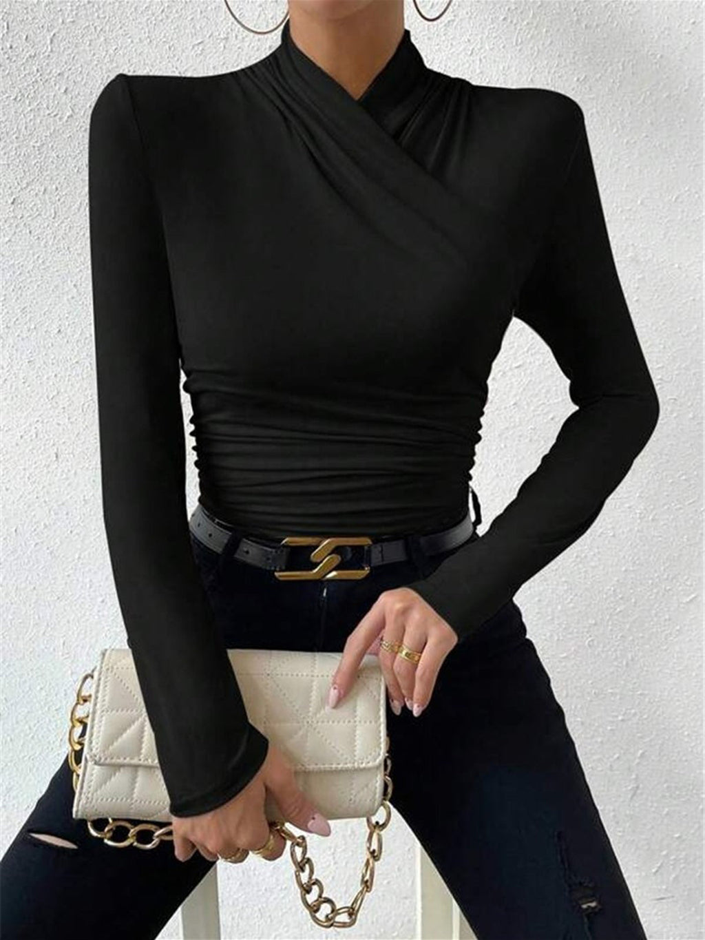 Crossover Collar Pleated Tie Top in Black — Svelte Chic