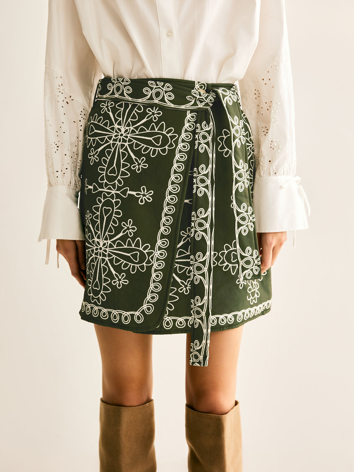 Bohème Print Belted Mini Skirt in Army Green — Svelte Chic