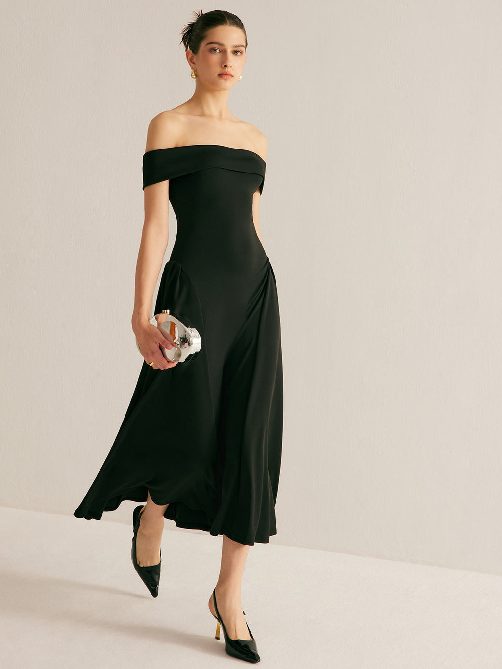 Straight Neck Pleated Maxi Dress in Black — Svelte Chic