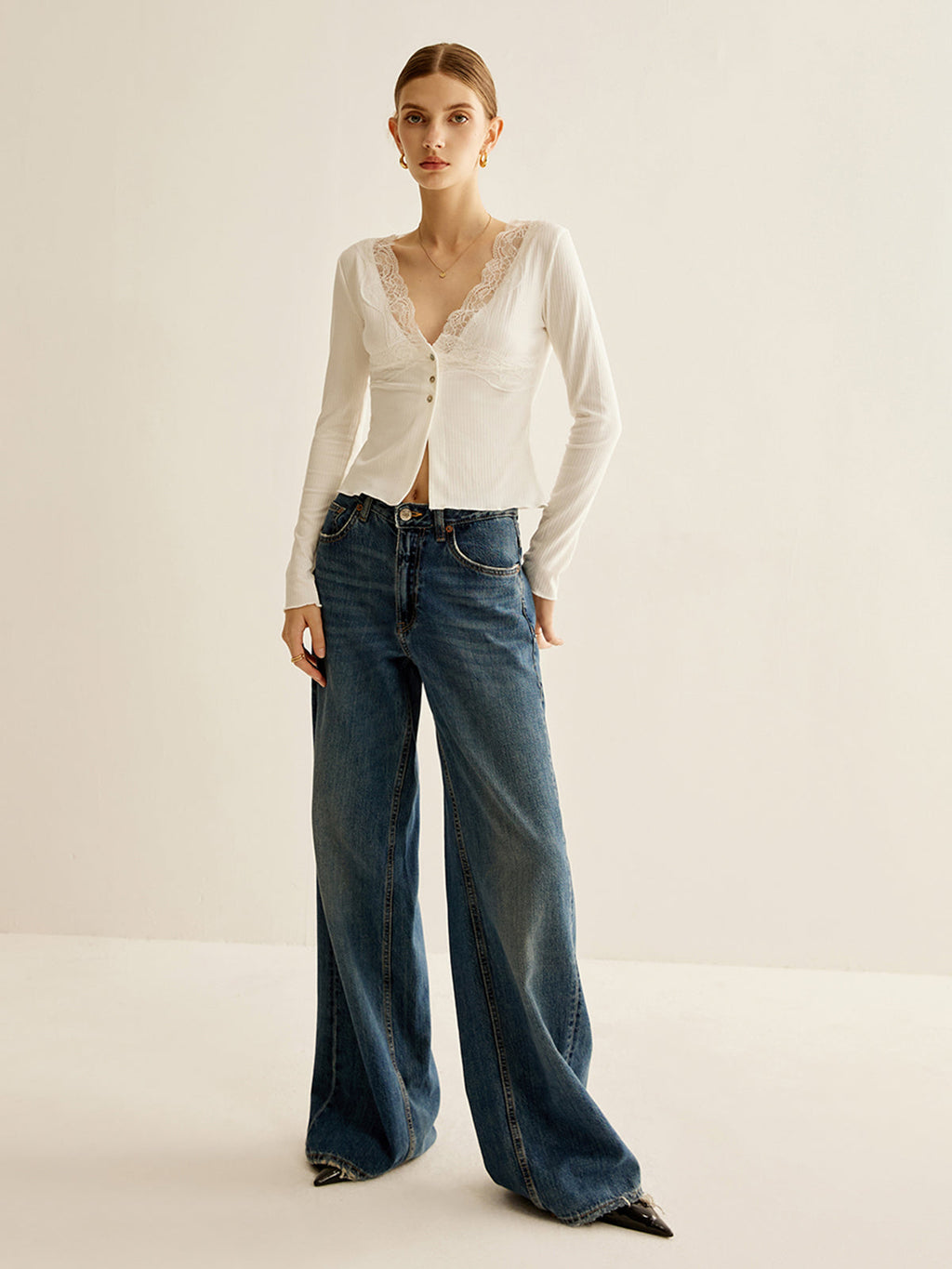 Lace Panel V-Neck Blouse — Svelte Chic