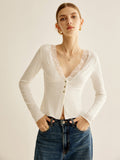 Lace Panel V-Neck Blouse in White — Svelte Chic