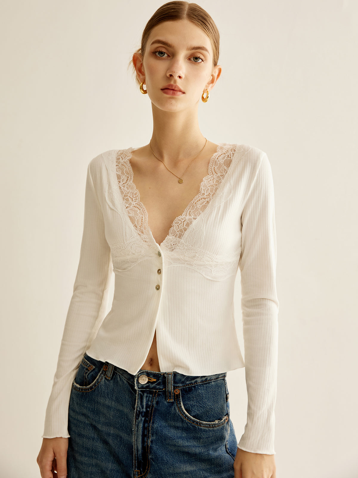 Lace Panel V-Neck Blouse — Svelte Chic