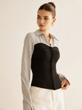 Colour Block Panel Polo Blouse in Grey — Svelte Chic