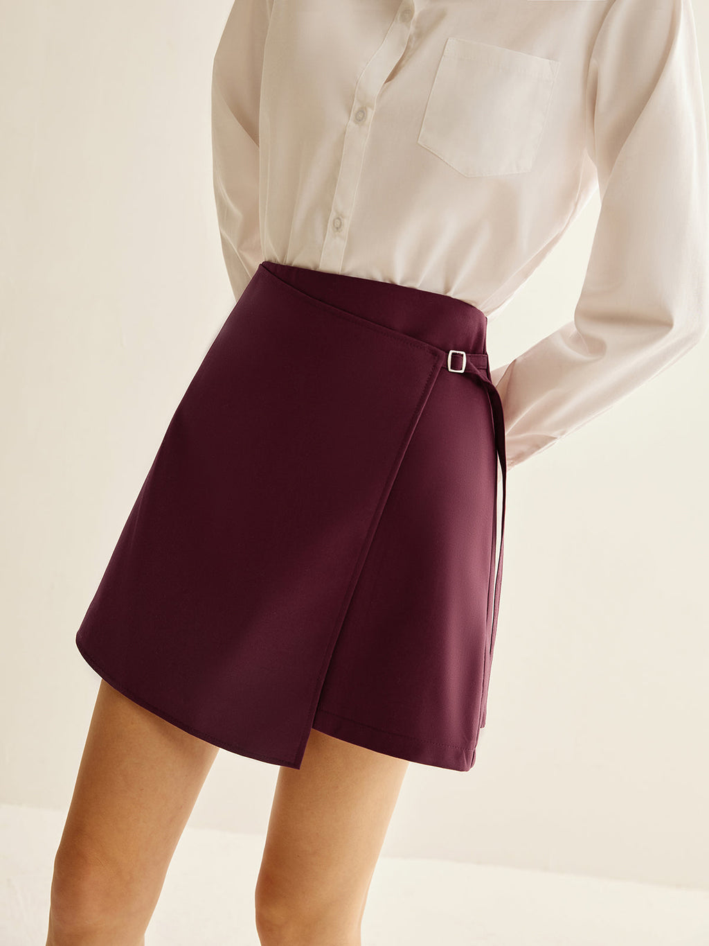 Wrap Mini Skirt with Asymmetric Cut in Burgundy — Svelte Chic