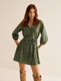 Cotton Bohème Embroidered Belted Dress in Army Green — Svelte Chic