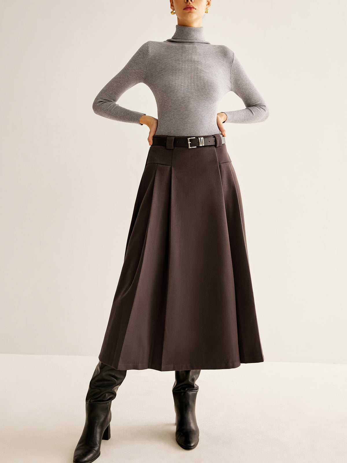 Belted Pleated Midi Skirt — Svelte Chic