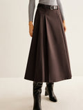 Belted Pleated Midi Skirt in Burgundy — Svelte Chic