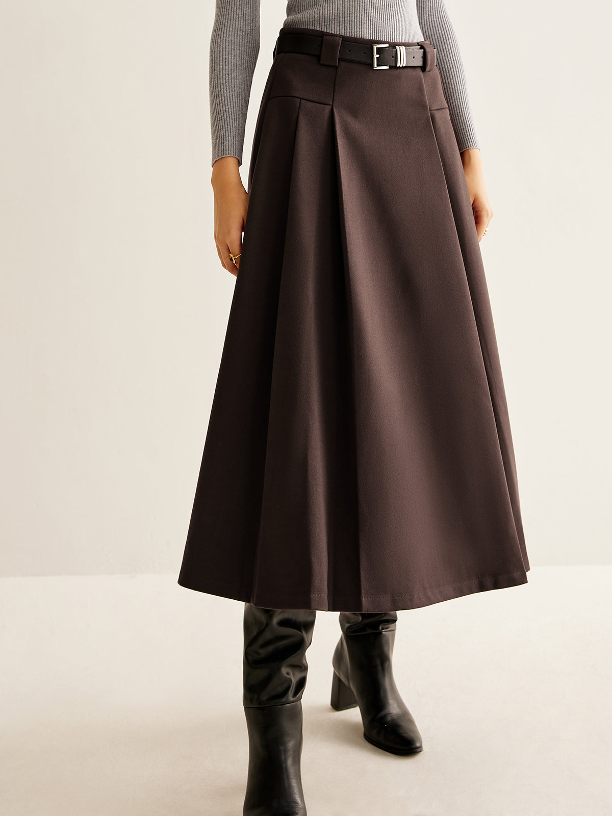 Belted Pleated Midi Skirt in Burgundy — Svelte Chic