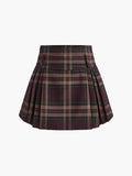Check Zip Pleated Mini Skirt in Burgundy — Svelte Chic