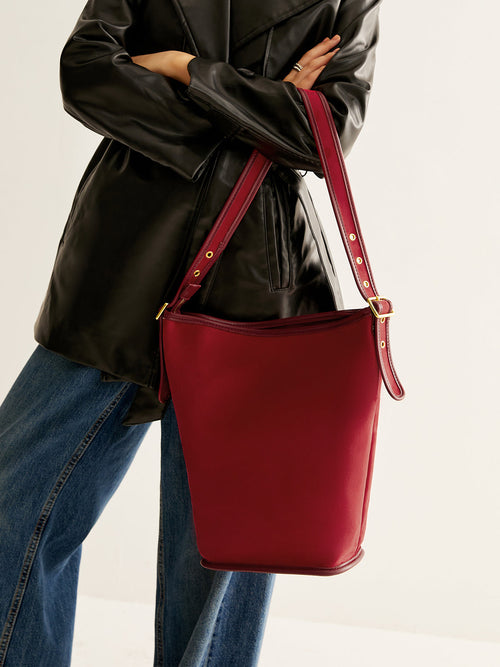 Adjustable Strap Suede Bucket Bag in Red — Svelte Chic