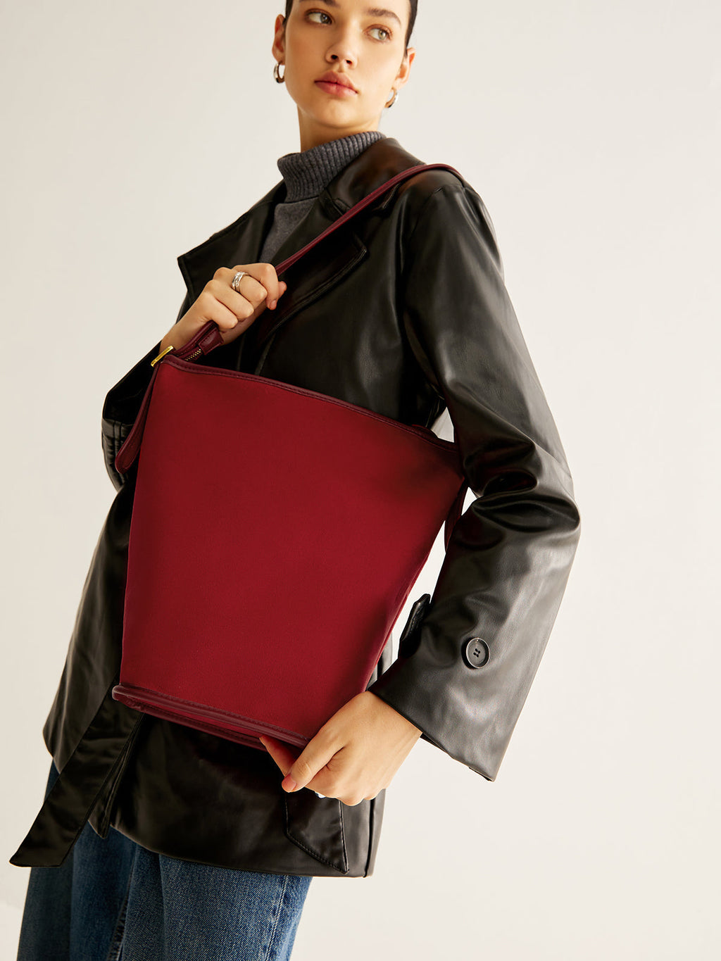 Adjustable Strap Suede Bucket Bag — Svelte Chic