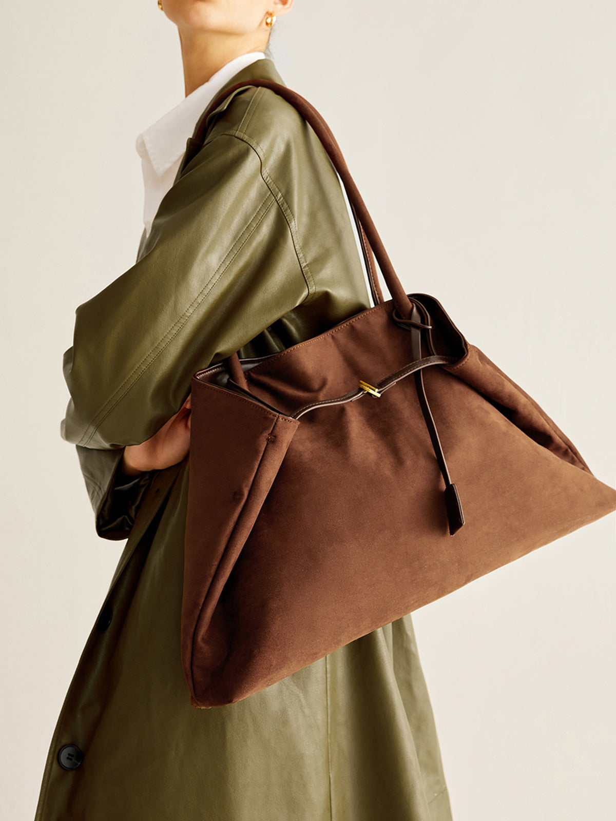 Large Suede Shoulder Bag in Dark Brown — Svelte Chic