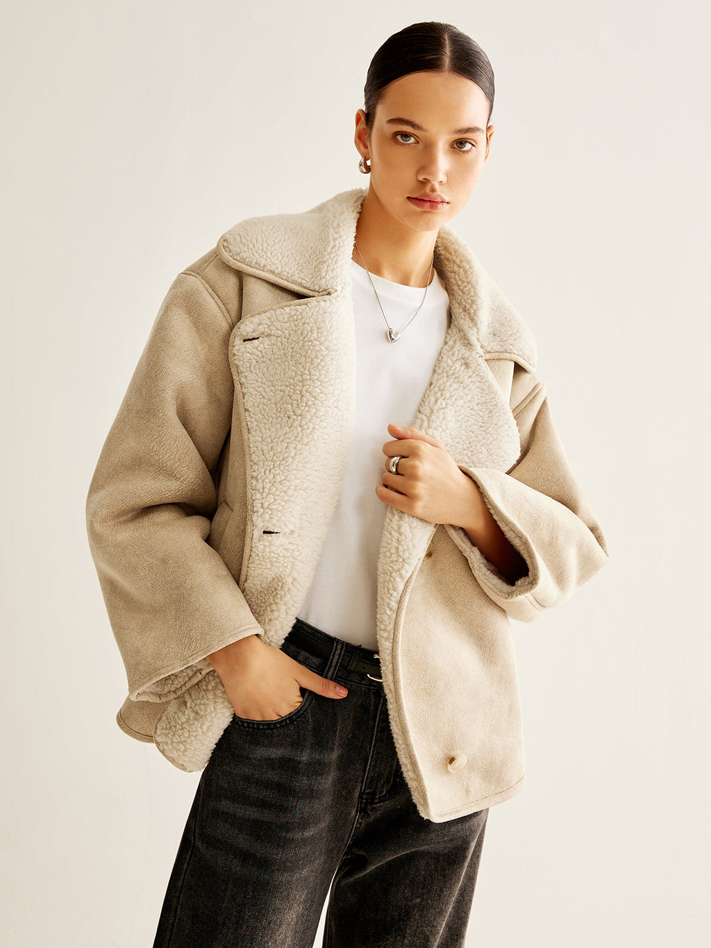 Cashmere Blend Button Fleece Jacket in Cream — Svelte Chic