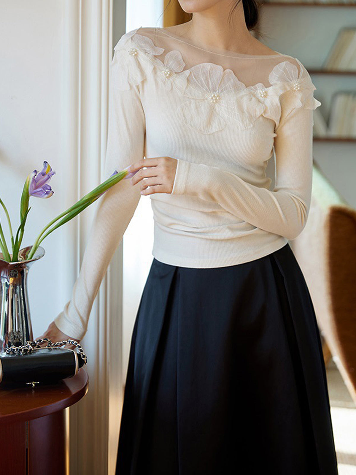 Floral Jacquard Ribbed Long Sleeve Top — Svelte Chic