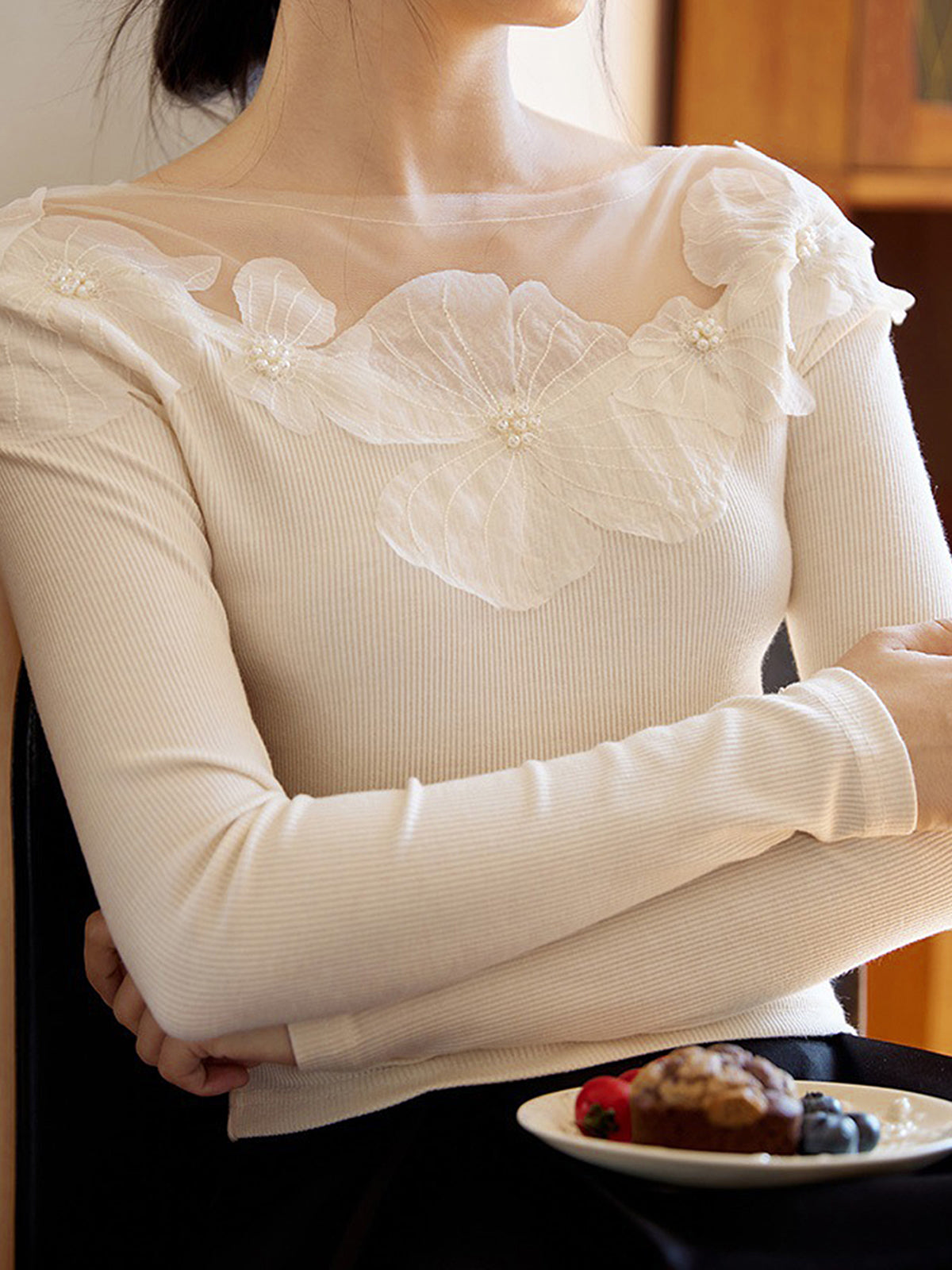 Floral Jacquard Ribbed Long Sleeve Top — Svelte Chic