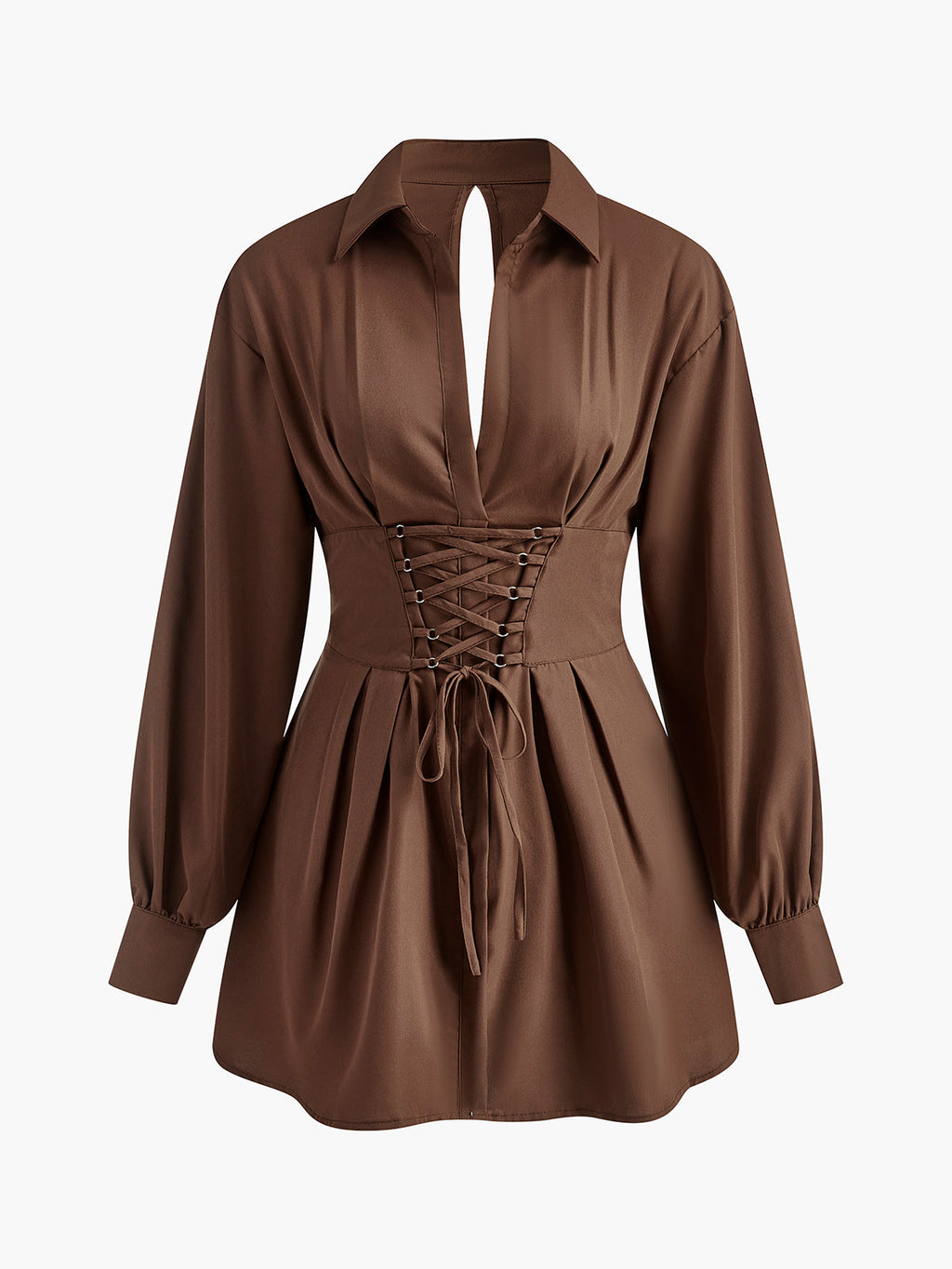 Drawstring Collar Zip Mini Dress in Light Brown — Svelte Chic