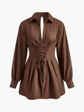 Drawstring Collar Zip Mini Dress in Light Brown — Svelte Chic