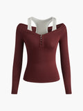 Two-in-One Henley Long Sleeve Top in Red — Svelte Chic