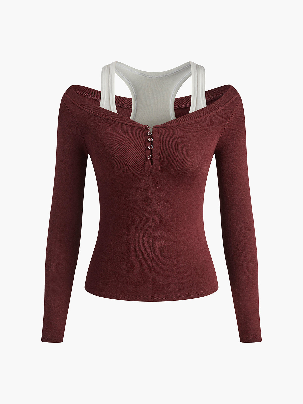 Two-in-One Henley Long Sleeve Top in Red — Svelte Chic