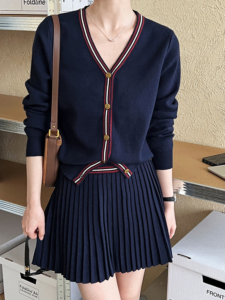 V-Neck Ruffle Jersey Skirt Set in Navy — Svelte Chic