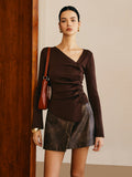 Asymmetric Pleated Slim Sweater in Dark Brown — Svelte Chic