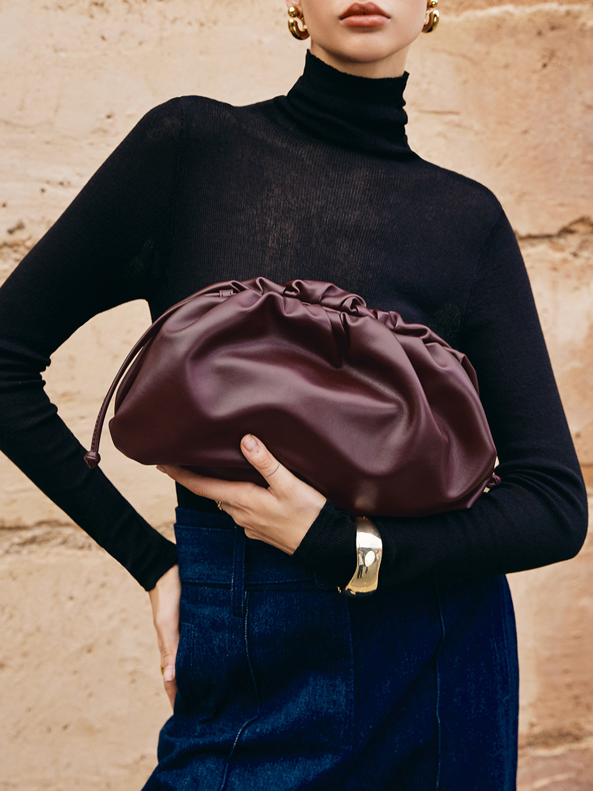 Drawstring Soft Clutch Bag in Burgundy — Svelte Chic
