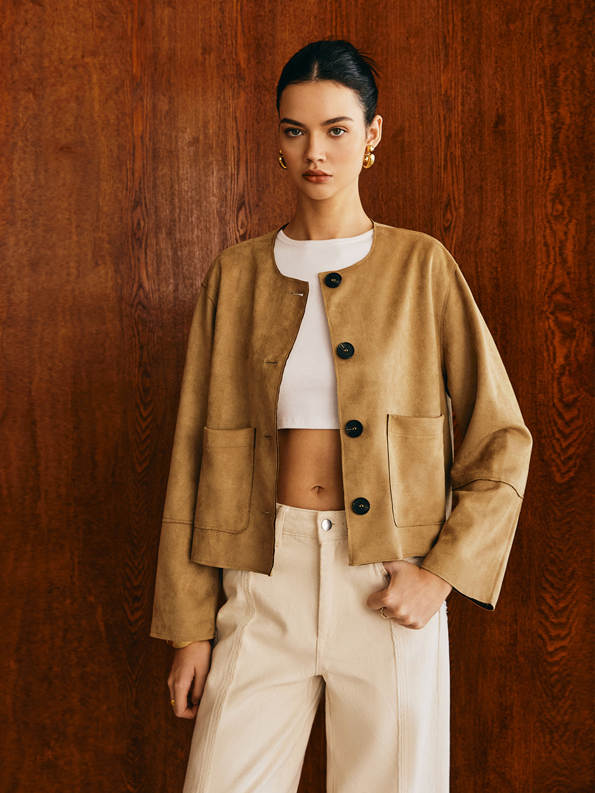Large Pocket Suede Jacket in Khaki — Svelte Chic