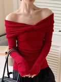 Wool Blend Knotted Ruched Knit Top in Red — Svelte Chic
