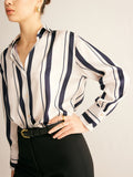 Pinstripe Long Sleeve Shirt in Off-White — Svelte Chic