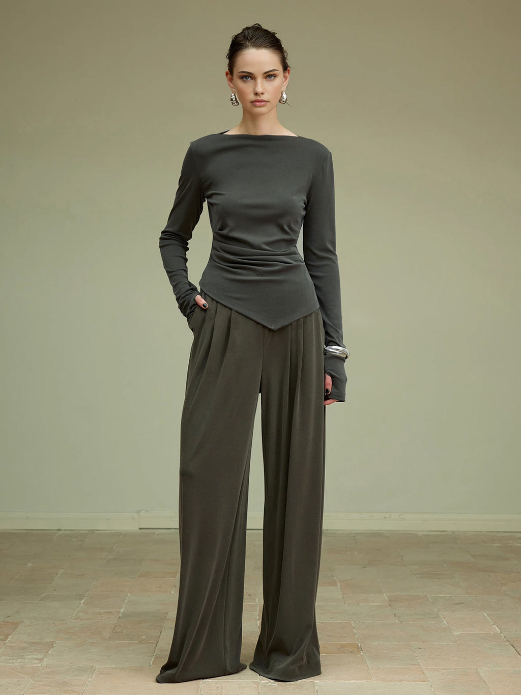 Asymmetric Pleated Jersey Blouse — Svelte Chic