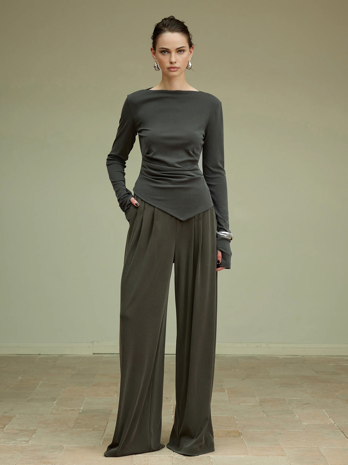 Asymmetric Pleated Jersey Blouse — Svelte Chic