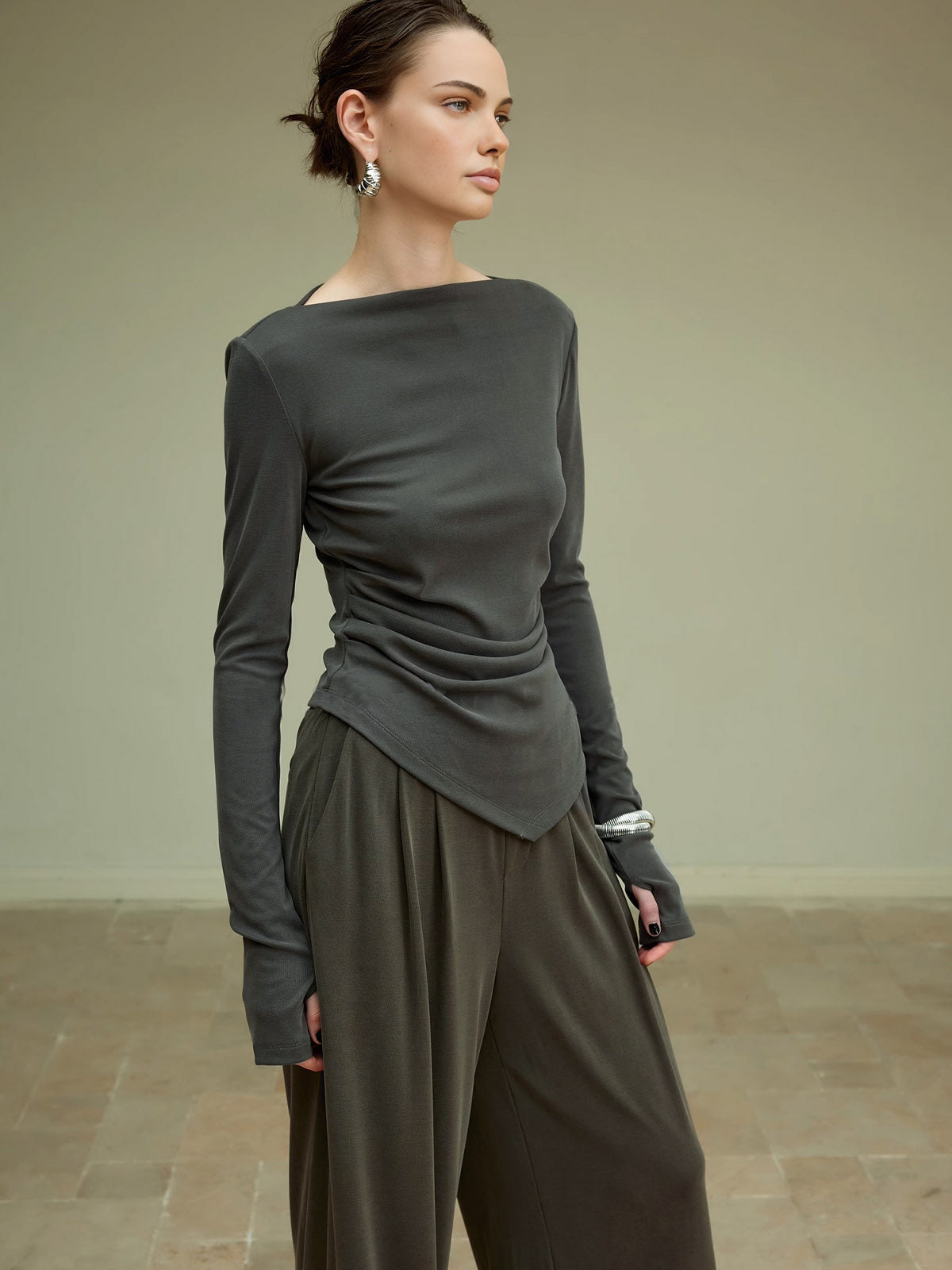 Asymmetric Pleated Jersey Blouse — Svelte Chic